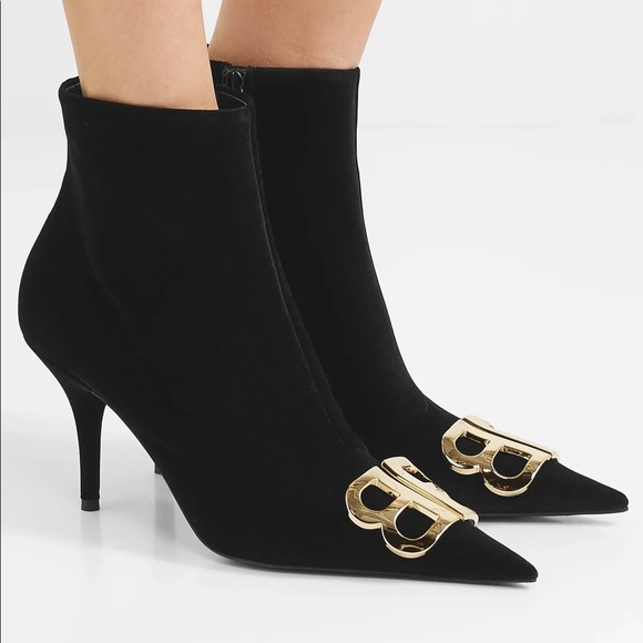 Balenciaga Shoes - BALENCIAGA Knife BB logo velvet ankle boots